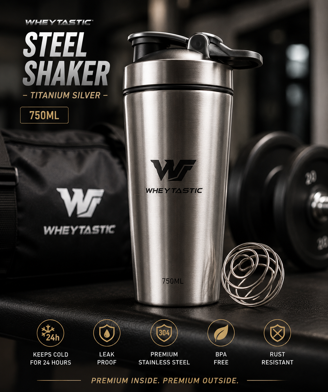 Wheytastic Steel Shaker – Titanium Silver